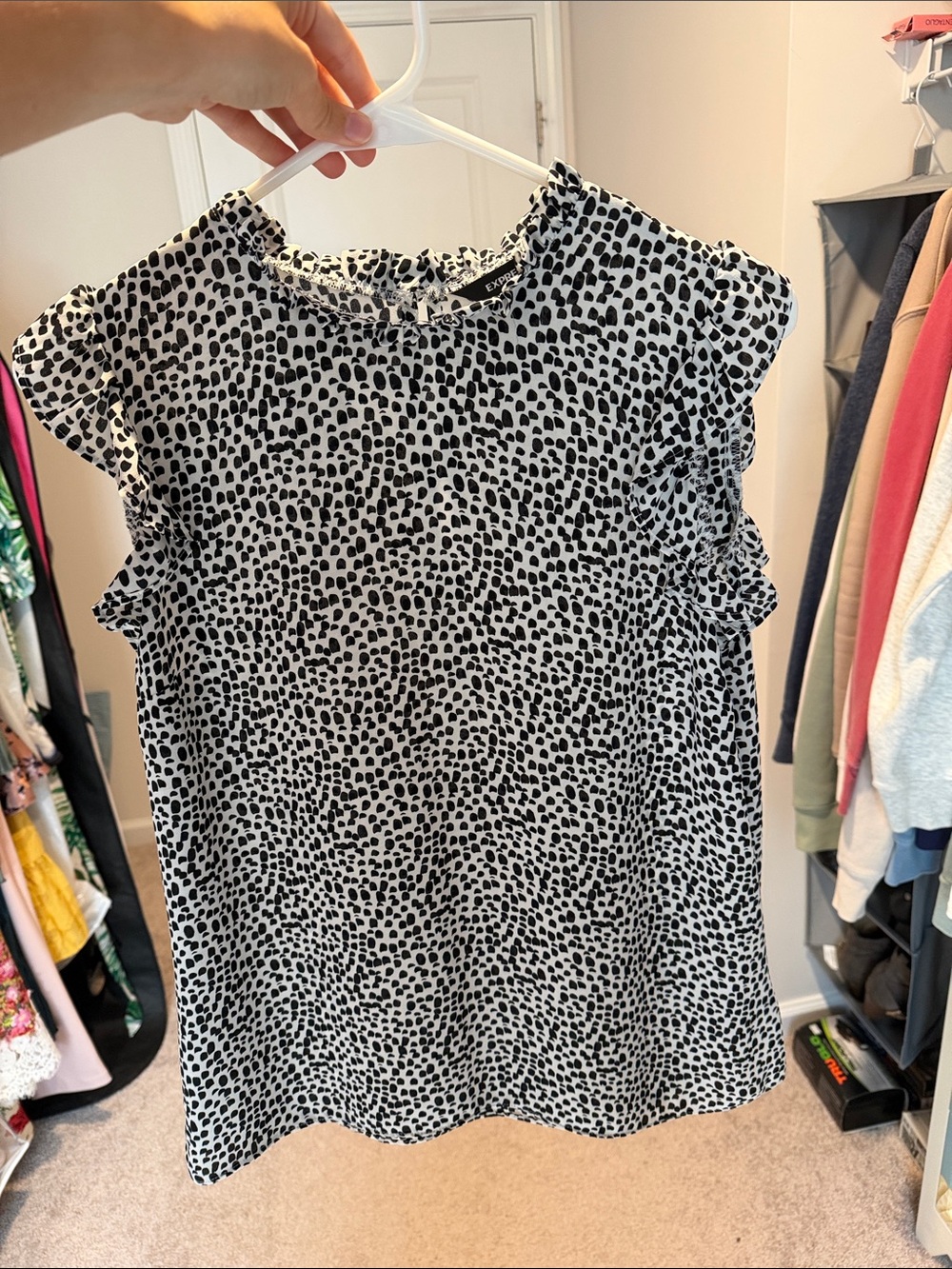 Express Black and White Dot Ruffle Cap-Sleeve Blouse